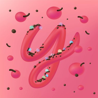 Parlak pembe boya harfler. Tatlı krem alfabesi ile renkli ve çikolata serpin. Dekorasyon yazı tipi. parıltı, pembe arka plan izole kabarcık fontla 3D render. Vektör çizimler. 