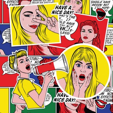 Kızlar gülümseyen retro Pop Art comic arka plan. Kadın yüzü Vay. Açık ağız ve sarı saçları ve konuşma balonu ile seksi sürpriz genç kadın. Vektör renkli arka planda pop sanat retro komik tarzı. 