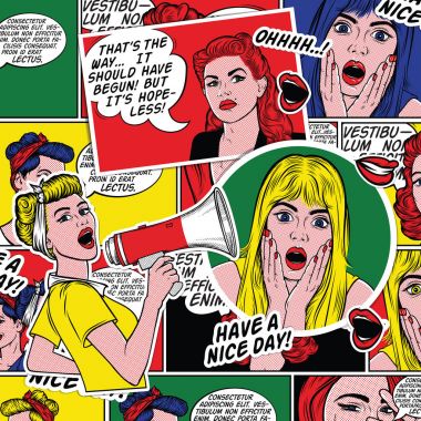 Kızlar gülümseyen retro Pop Art comic arka plan. Kadın yüzü Vay. Açık ağız ve sarı saçları ve konuşma balonu ile seksi sürpriz genç kadın. Vektör renkli arka planda pop sanat retro komik tarzı. 