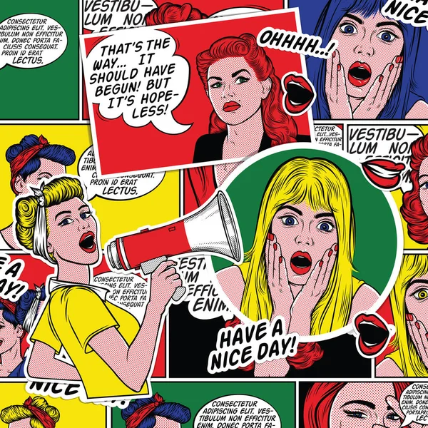 Retro Pop Art comic background with smiling girls. Wow female face. Sexy surprised young woman with open mouth and blond hair and speech bubble. Vector colorful background in pop art retro comic style.