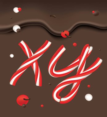 Noel şeker kamışı harfleri çikolata arka plan üzerinde ayarlayın. Lolipop yazı tipi. Noel ve yeni yıl tebrik kartı için şablon. Tatlı tipografi. Tatlı vektör çizim. 