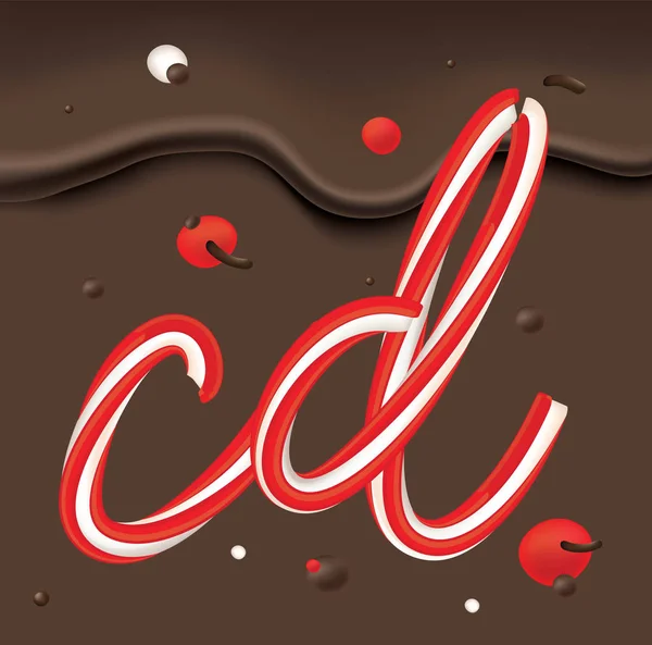圣诞糖果甘蔗字母设置巧克力背景 棒糖字体 圣诞节和新年贺卡模板 甜点排版 特写矢量插图 — 图库矢量图片