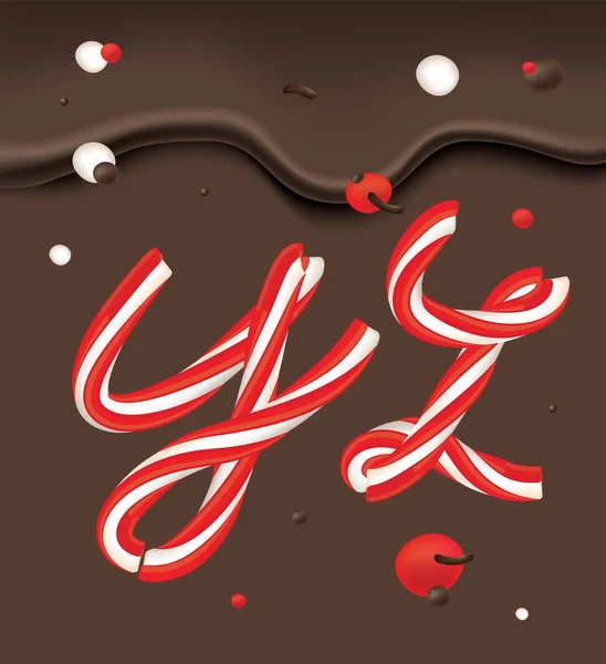 Weihnachten Zuckerstangen Buchstaben Auf Schokolade Hintergrund Gesetzt Lutscher Schrift Vorlage — Stockvektor