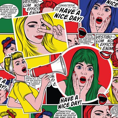 Kızlar gülümseyen retro Pop Art comic arka plan. Kadın yüzü Vay. Açık ağız ve sarı saçları ve konuşma balonu ile seksi sürpriz genç kadın. Vektör renkli arka planda pop sanat retro komik tarzı. 