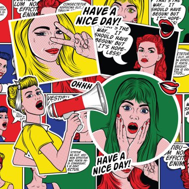 Kızlar gülümseyen retro Pop Art comic arka plan. Kadın yüzü Vay. Açık ağız ve sarı saçları ve konuşma balonu ile seksi sürpriz genç kadın. Vektör renkli arka planda pop sanat retro komik tarzı. 
