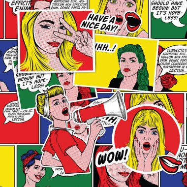 Kızlar gülümseyen retro Pop Art comic arka plan. Kadın yüzü Vay. Açık ağız ve sarı saçları ve konuşma balonu ile seksi sürpriz genç kadın. Vektör renkli arka planda pop sanat retro komik tarzı. 