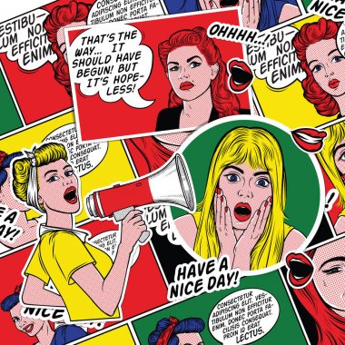 Kızlar gülümseyen retro Pop Art comic arka plan. Kadın yüzü Vay. Açık ağız ve sarı saçları ve konuşma balonu ile seksi sürpriz genç kadın. Vektör renkli arka planda pop sanat retro komik tarzı. 