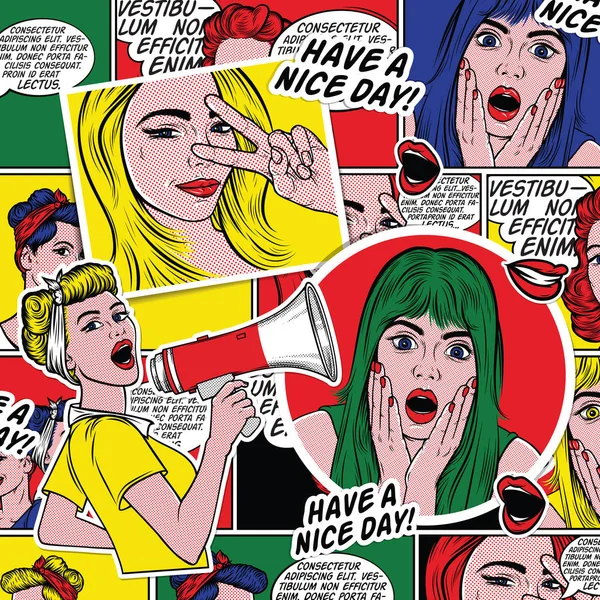 Ρετρό Pop Art Comic Φόντο Χαμογελαστά Κορίτσια Wow Γυναικείο Πρόσωπο — Φωτογραφία Αρχείου