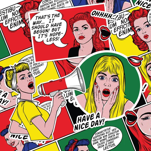 Retro Pop Art Comic Background Smiling Girls Wow Female Face — Stock Photo, Image