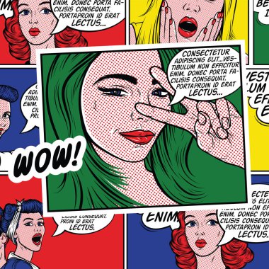 Pop Art illüstrasyon, sürpriz girl.Comic kadın. Vay canına. Reklam afişi. Pop Art kız. Parti Davetiyesi. Doğum günü tebrik kartı. Reklam afişi. Romantik kız, saf, pop art kadın, pin up girl.