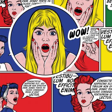Pop Art illüstrasyon, sürpriz girl.Comic kadın. Vay canına. Reklam afişi. Pop Art kız. Parti Davetiyesi. Doğum günü tebrik kartı. Reklam afişi. Romantik kız, saf, pop art kadın, pin up girl.