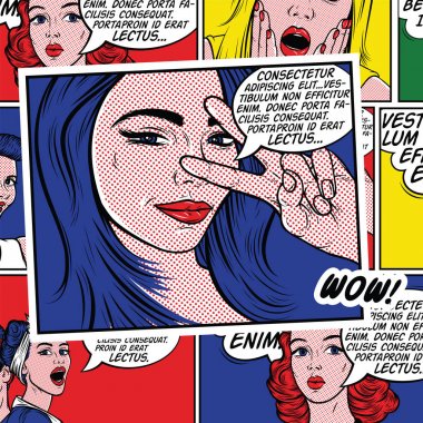 Pop Art illüstrasyon, sürpriz girl.Comic kadın. Vay canına. Reklam afişi. Pop Art kız. Parti Davetiyesi. Doğum günü tebrik kartı. Reklam afişi. Romantik kız, saf, pop art kadın, pin up girl.