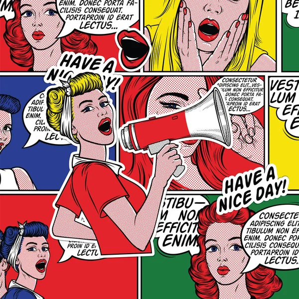 Pop Art Illüstrasyon Sürpriz Girl Comic Kadın Vay Canına Reklam — Stok Vektör