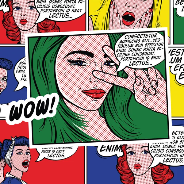 Pop Art Εικόνα Έκπληκτος Girl Comic Γυναίκα Wow Διαφήμιση Αφίσα — Διανυσματικό Αρχείο