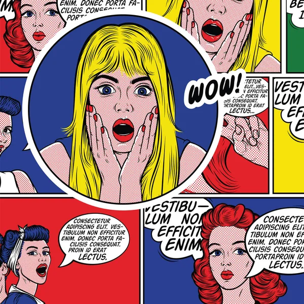 Pop Art Εικόνα Έκπληκτος Girl Comic Γυναίκα Wow Διαφήμιση Αφίσα — Διανυσματικό Αρχείο