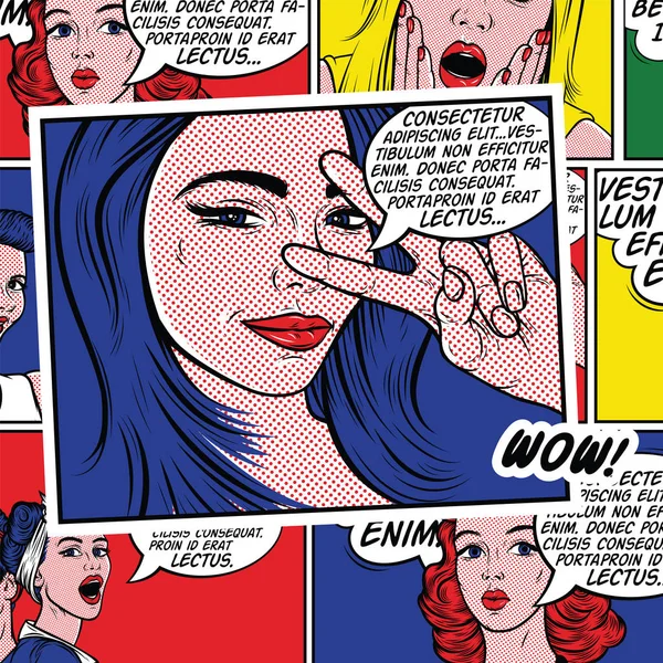 Pop Art Εικόνα Έκπληκτος Girl Comic Γυναίκα Wow Διαφήμιση Αφίσα — Διανυσματικό Αρχείο