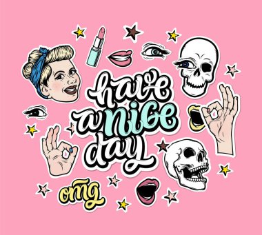 İyi günler. El hat moda çıkartmaları ile çizilmiş. Bir güzel gün tipografi teklif var. Fırça yazı, pozitif elle çizilmiş alıntı. Vektör çizim.