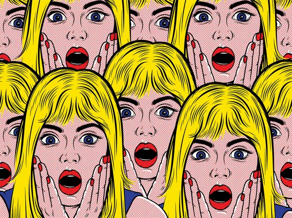 Comic Illustrations Surprised Girls Pattern Creative Pop Art Style Retro — Stock Vector