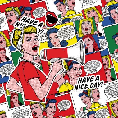 60'ların planda Retro çizgi roman tarzı. Pop sanat arka plan. Kadınlarla konuşma balonları pin. Moda renkli resimde. Komik desen. Pop sanat tarzı kadın megafon ile.