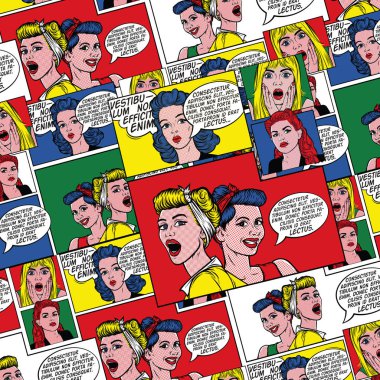 Pop sanat arka planda 60s tarzı. Kadınlarla konuşma balonları pin. Moda renkli resimde. Komik desen. Retro çizgi roman arka plan.