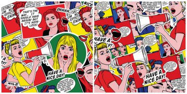 60'ların planda Retro çizgi roman tarzı. Pop sanat arka plan. Kadınlarla konuşma balonları pin. Moda renkli resimde. Komik desen. 
