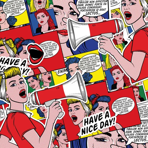 Retro comic book background in 60s style.. Pop art background. Pin up women with speech bubbles. Fashion colorful illustration. Comic pattern.
