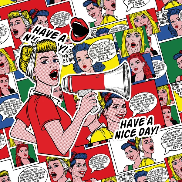 Retro comic book background in 60s style. Pop art background. Pin up women with speech bubbles. Fashion colorful illustration. Comic pattern.  Pop Art Style Woman with Megaphone.