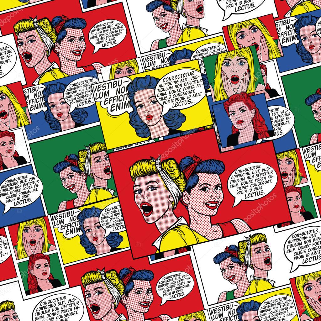 Pop art background in 60s style. Pin up women with speech bubbles. Fashion colorful illustration. Comic pattern. Retro comic book background.