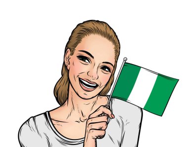 Bayrak beyaz bir arka plan üzerinde izole Nijerya tutan gülümseyen genç kadın. Çizgi film kız komik tarzı.