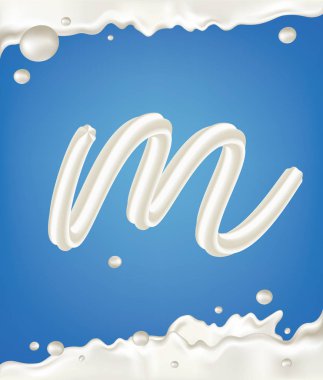 Beyaz sütlü mektup m kenarlıklı, su sıçramalarına ve mavi zemin üzerine düşer. Süt tasarlamak. 