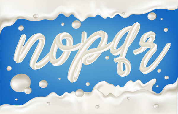 White milky letters n o p q r with  border, splashes and drops on blue background. Dairy design illustration. 