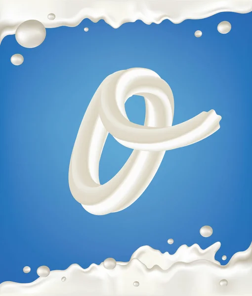 White milky letter o with border, splashes and drops on blue background. Dairy design illustration.