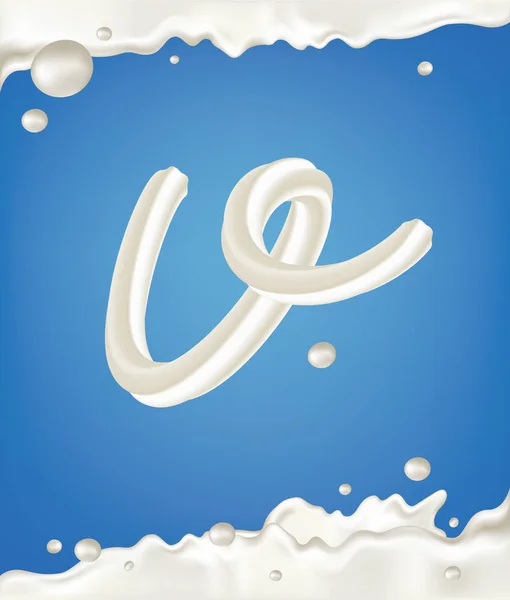 White milky letter v with border, splashes and drops on blue background. Dairy design illustration.
