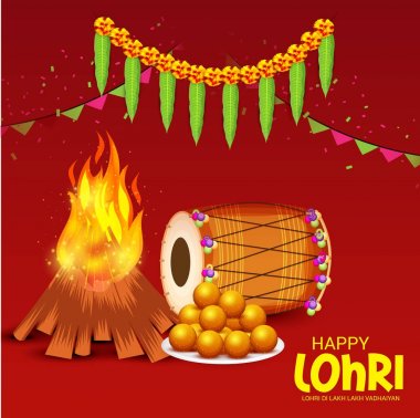 Vektör çizim Festivali ile mutlu mutlu Lohri arka plan Lohri için dilek.
