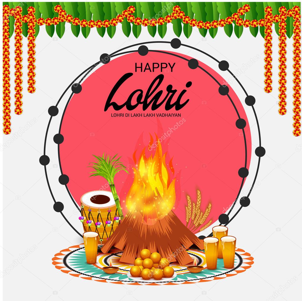 Vector illustration on festival of happy lohri background with Happy wishes for Lohri.