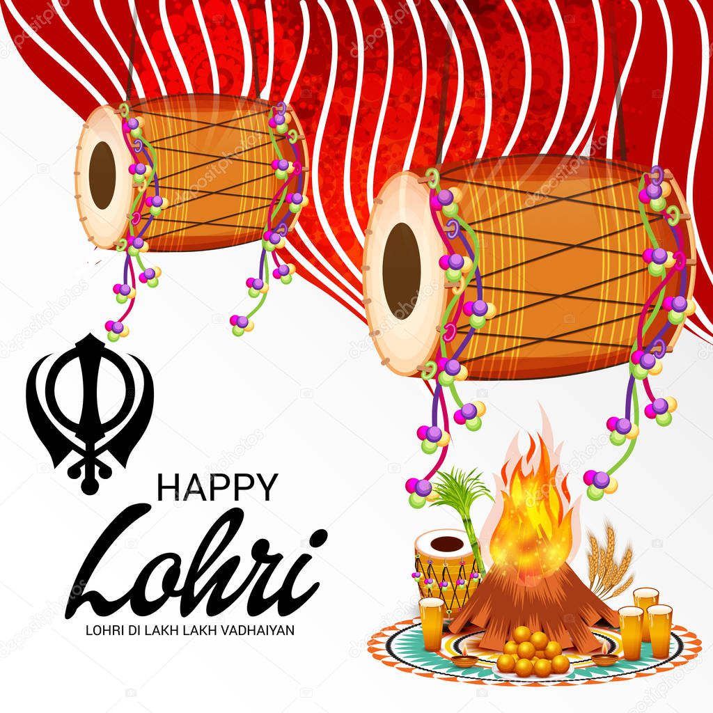 Vector illustration on festival of happy lohri background with Happy wishes for Lohri.