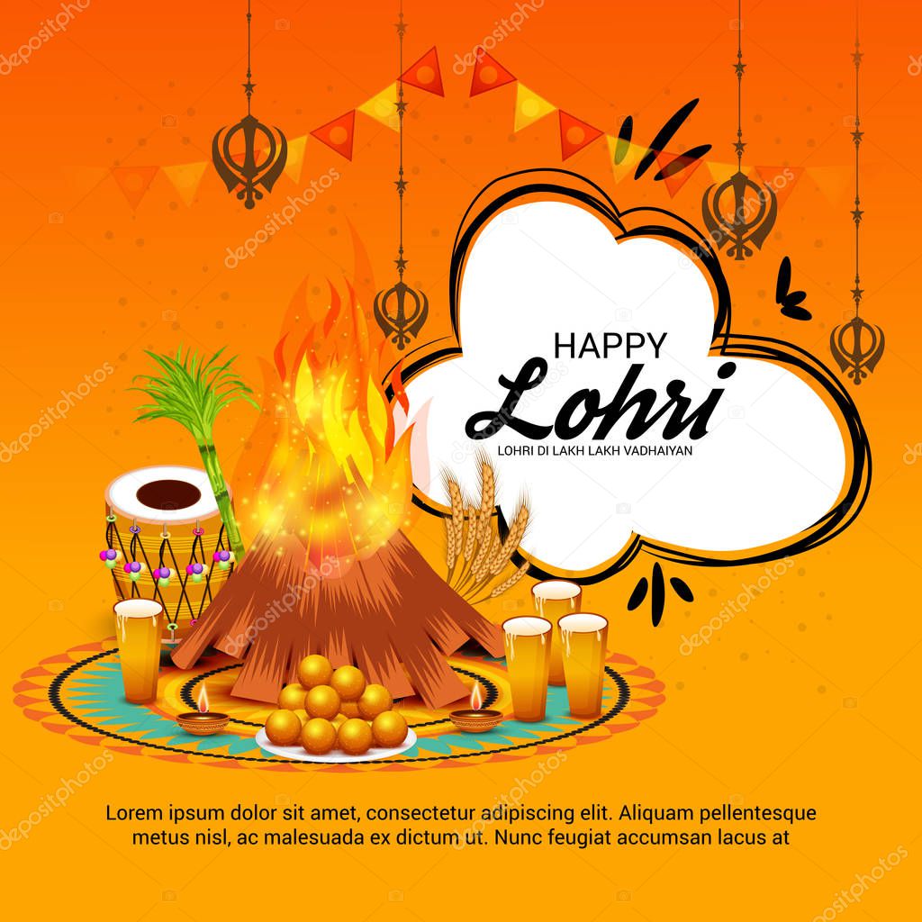 Vector abstract illustration on festival of Happy Lohri background with Happy wishes for Lohri.