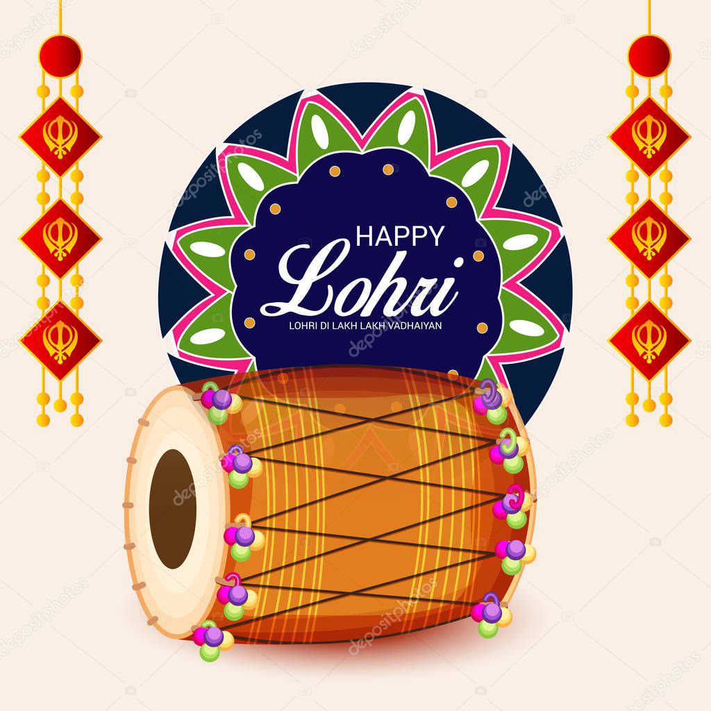 Vector illustration on festival of Happy Lohri background with punjabi message Lohri ki lakh lakh vadhaiyan meaning Happy wishes for Lohri.