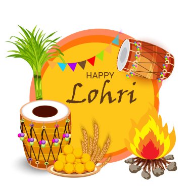Punjabi Festivali için bir tatil arkaplanının vektör illüstrasyonu Hintçe metin ile Mutlu Lohri.