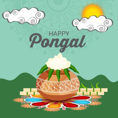 Tamil Nadu Güney Hindistan 'daki Mutlu Pongal Tatil Hasat Festivali için Vektör İllüstrasyonu.
