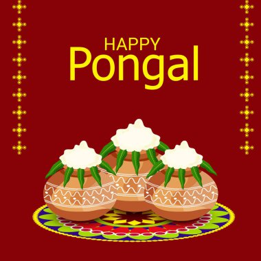 Tamil Nadu Güney Hindistan 'daki Mutlu Pongal Tatil Hasat Festivali için Vektör İllüstrasyonu.