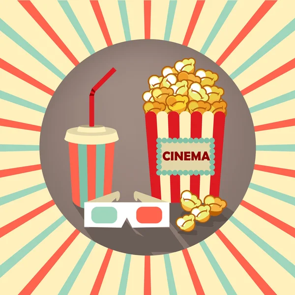 Zestaw ikon w stylu starego filmu. okulary 3D, popcorn, napój z słomy na tle promieni. — Wektor stockowy