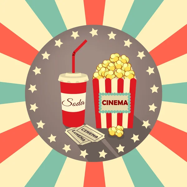 Zestaw ikon w stylu starego filmu. Bilety, popcorn, napój z słomy na tle promieni. — Wektor stockowy