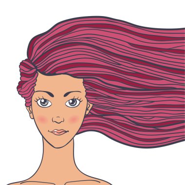 Vektör çizim uzun saçlı genç bir kadın portresi.