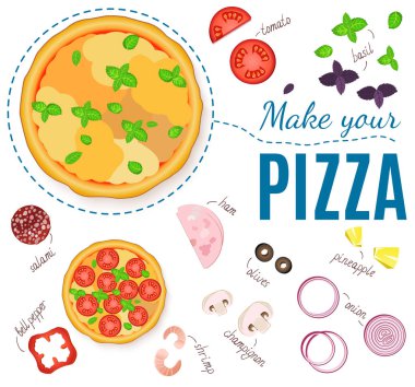 Pizza için gerçekçi malzemeler ayarlayın. Pizza olun. Menüler ve afiş pizzacılar, kafeler ve diğer tasarım projeleri için vektör ürünler.
