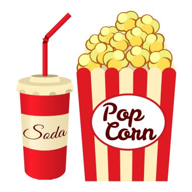 Patlamış mısır, beyaz arka plan üzerinde izole soda paket. Vektör çizim.