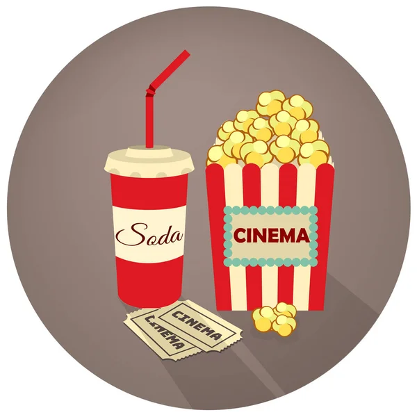 Popcorn, bilety Fast i sody. Ilustracja wektorowa w stylu retro na ciemnym tle. — Wektor stockowy