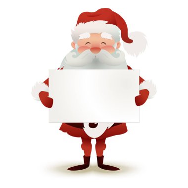 Mutlu karakter Claus Santa Noel tebrik kartı ışık arka plan üzerinde tutarak. Metniniz için boş alanı. Vektör çizim.