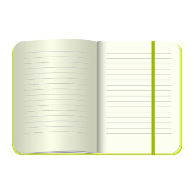 Şablon boş bir not defteri açın. Vektör kişisel defter ile yeşil kapak ve yer imi. Beyaz arka plan üzerinde izole. Mockup tasarım için.