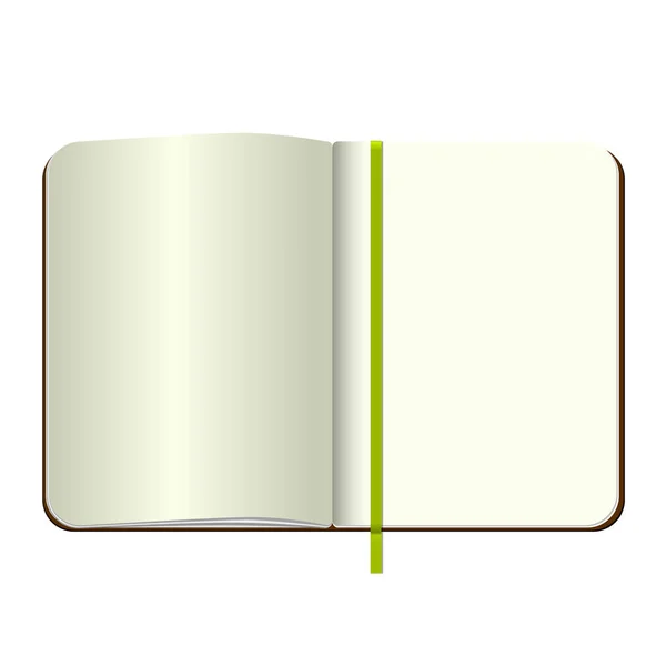 Modello Apri un blocco note vuoto. Quaderno personale vettoriale con copertina verde e segnalibro. Isolato su sfondo bianco. MockUp per il tuo design . — Vettoriale Stock